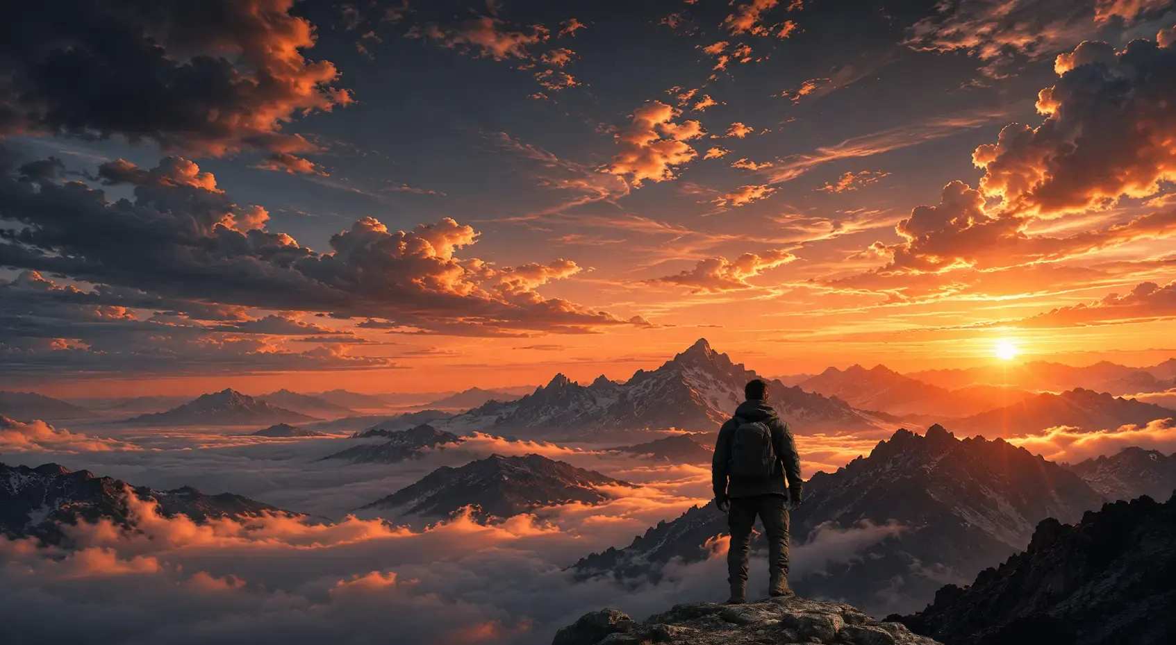 Sunlit mountain peak above a sea of clouds at sunset
